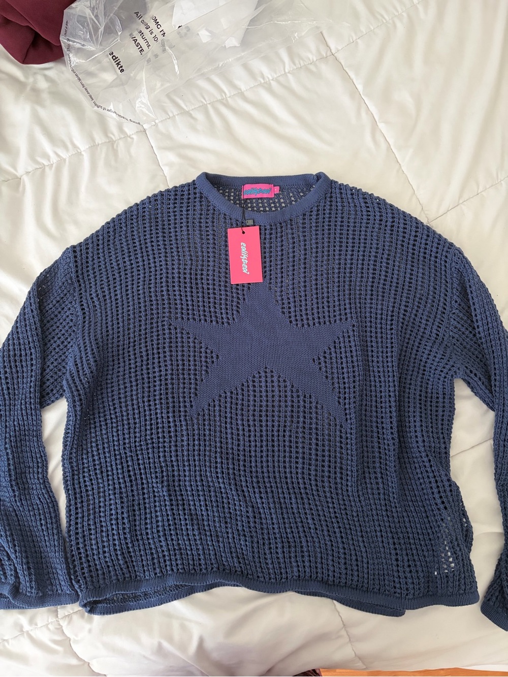 Edikted Navy Blue Open Knit Star Crewneck Sweater